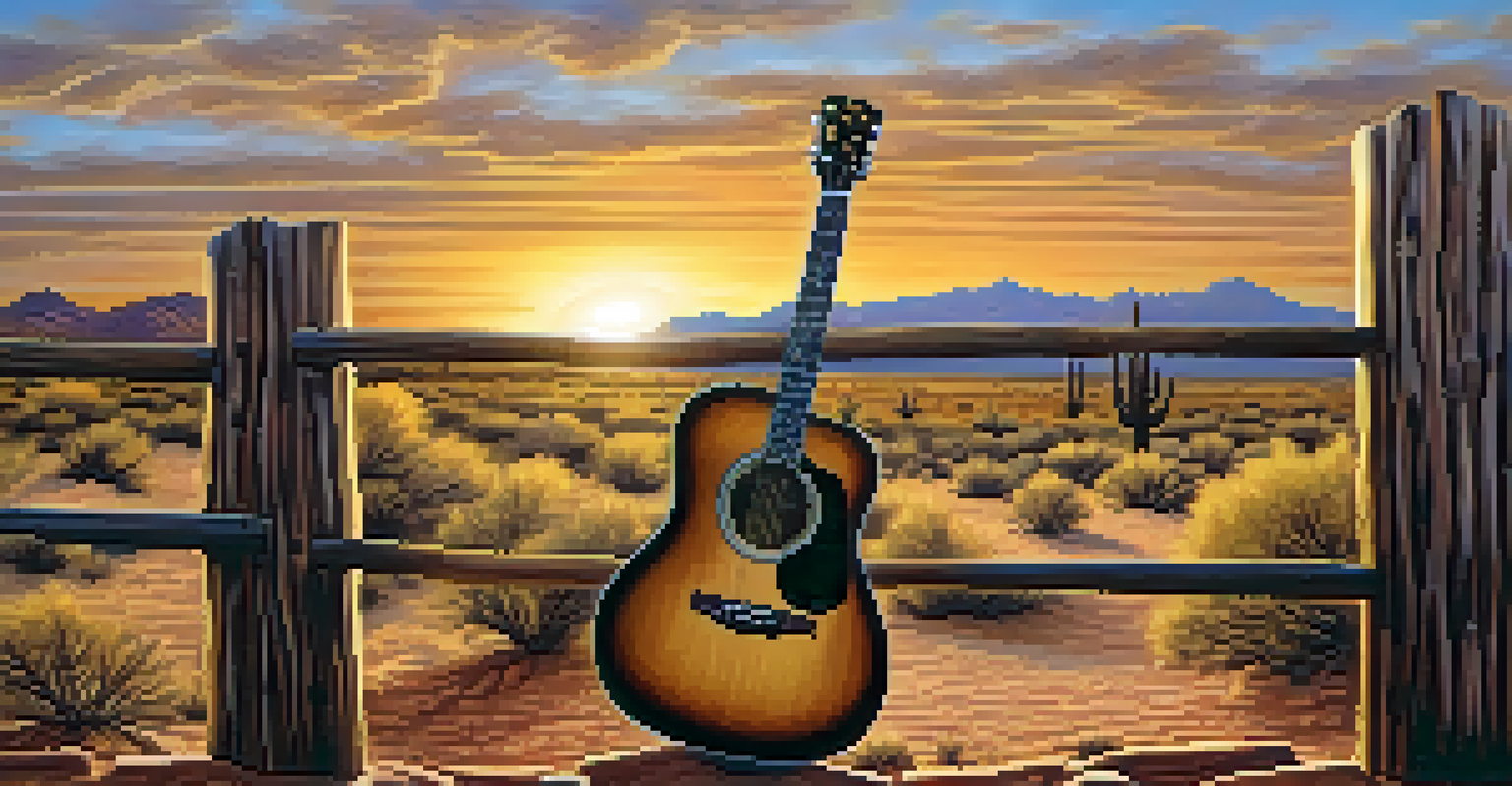 A close-up of an acoustic guitar against a wooden fence with the Arizona desert in the background during sunset.