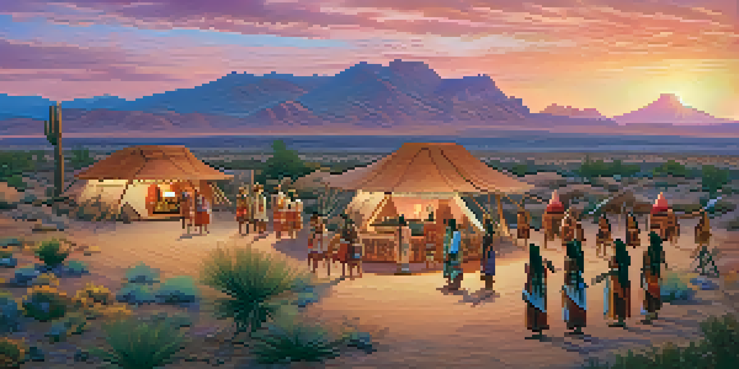 A traditional Native American village at sunset, with adobe homes and tribal members in traditional attire engaged in a cultural ceremony.