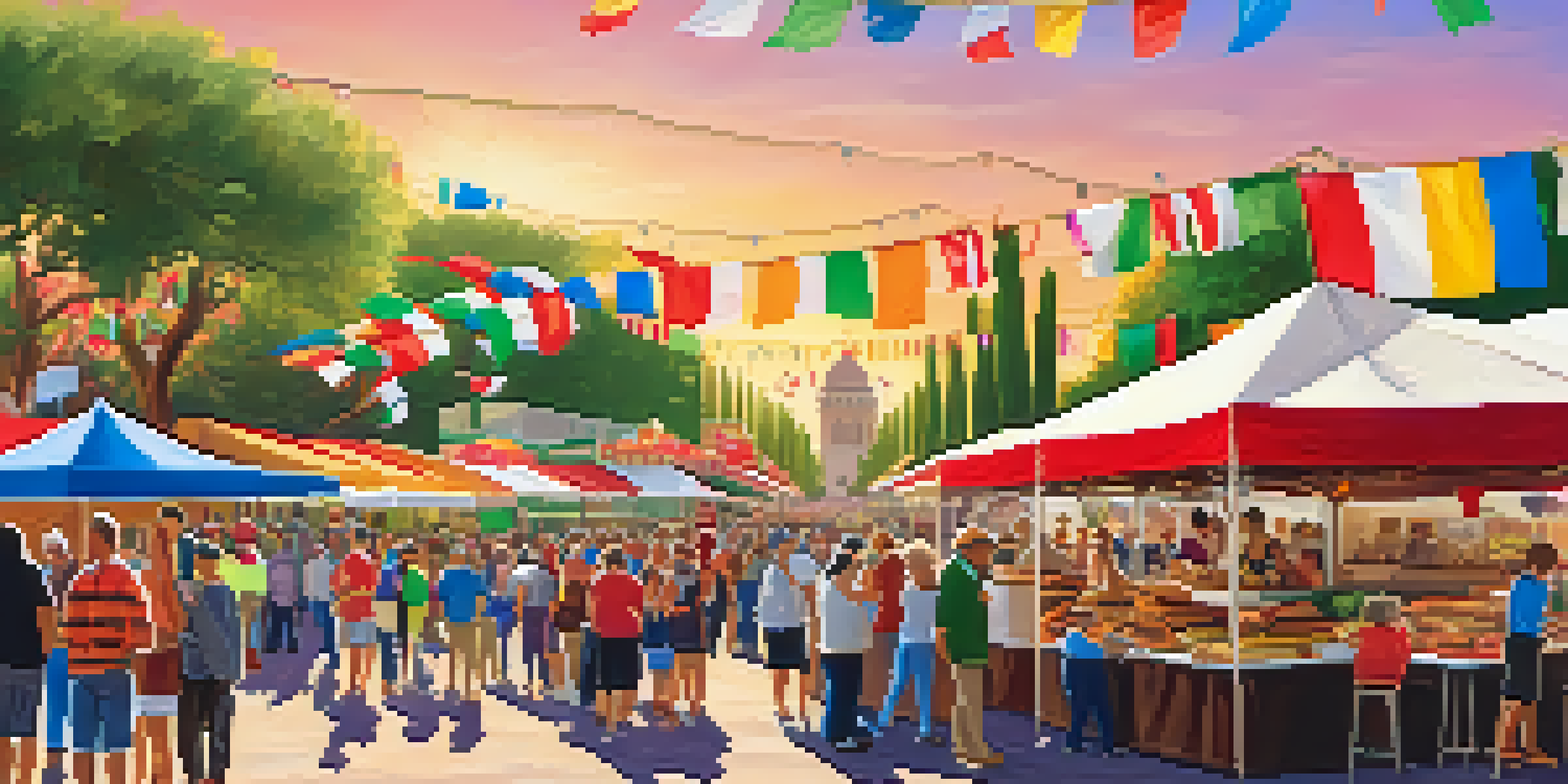 An outdoor Italian food festival in Phoenix with colorful stalls, people enjoying food, music, and decorations.