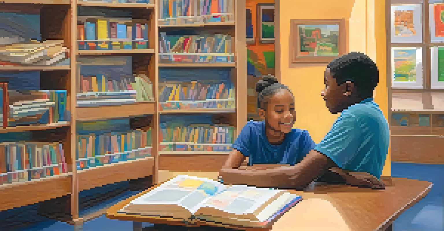 A mentor reading with a young student in a cozy community center, surrounded by bookshelves and educational posters, highlighting the importance of mentorship.