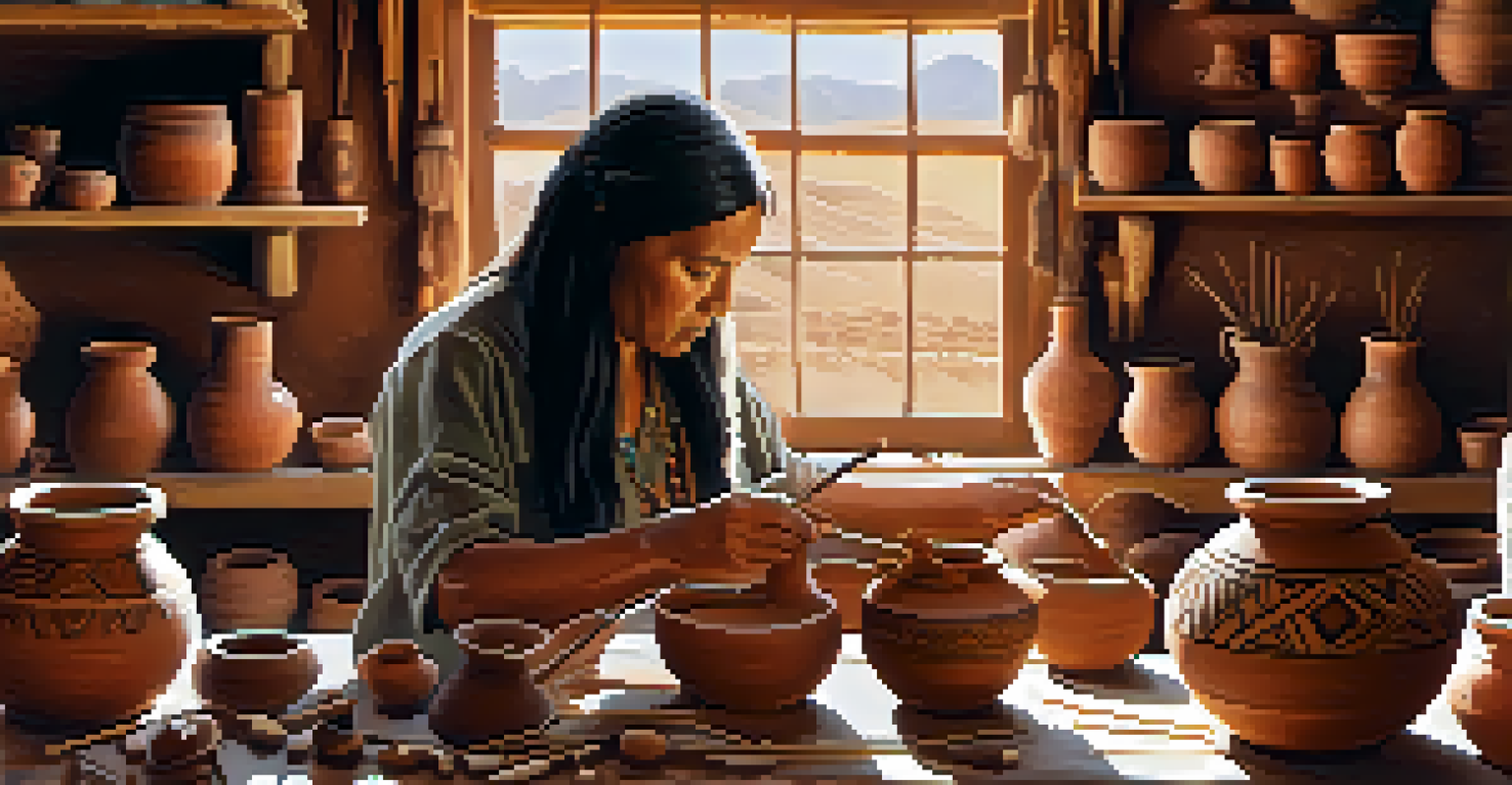 A Native American woman painting pottery in her workshop, showcasing traditional craftsmanship.