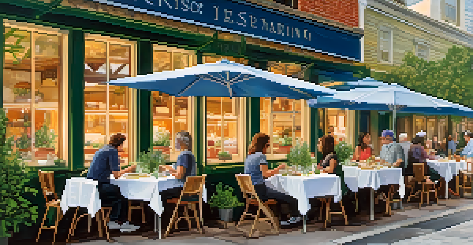 An outdoor restaurant scene with diners enjoying sustainable seafood, surrounded by fresh herbs and a visible menu promoting eco-friendly choices.
