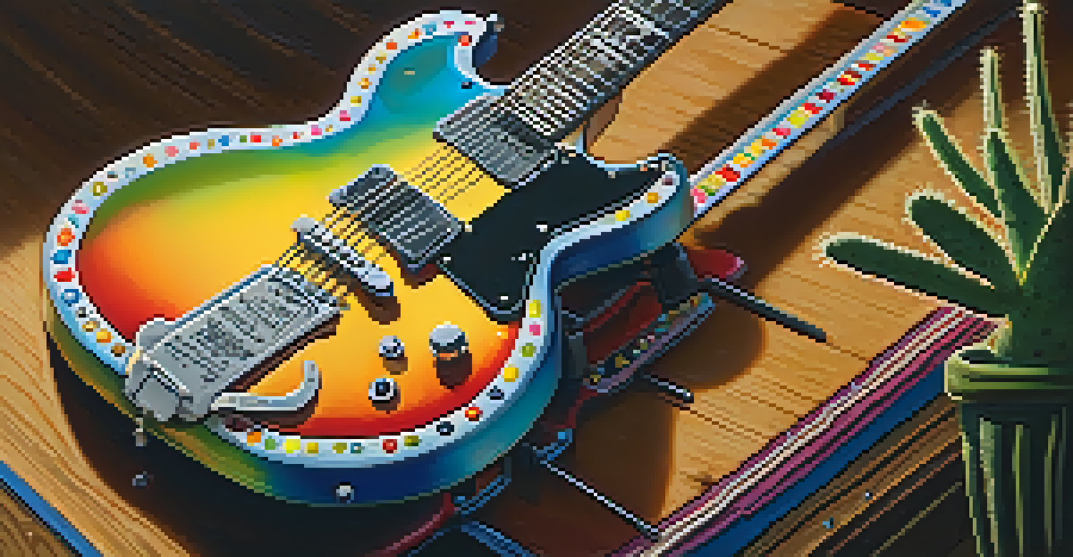 A close-up of a vintage electric guitar on a wooden stage with warm lighting and a cactus beside it, set against a blurred concert crowd.