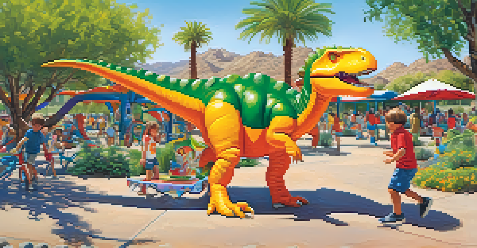 Children playing and climbing on vibrant dinosaur sculptures in a park, surrounded by greenery and families enjoying a picnic.