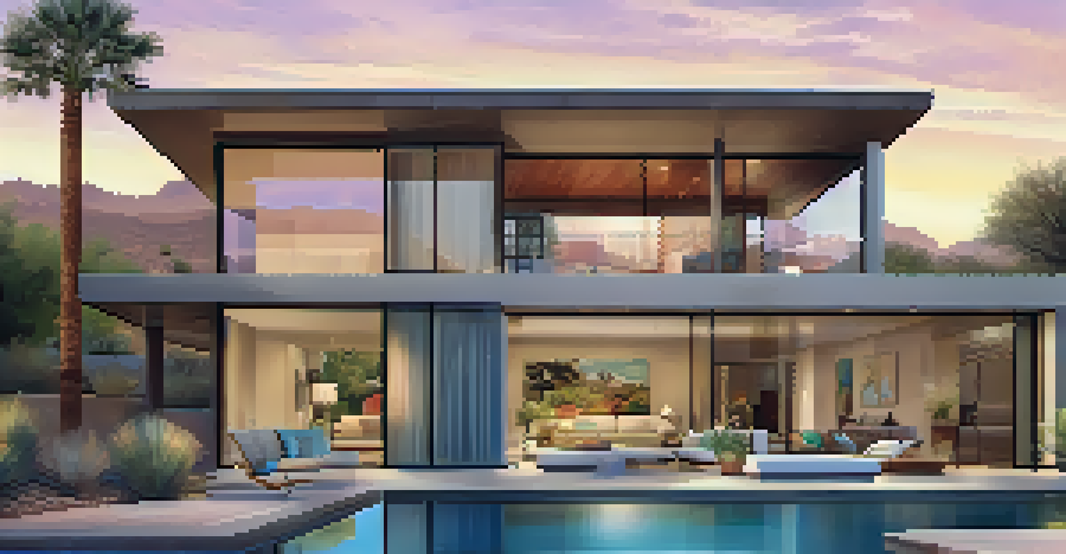 A modern vacation rental home in Scottsdale with a pool and desert landscape at dusk.