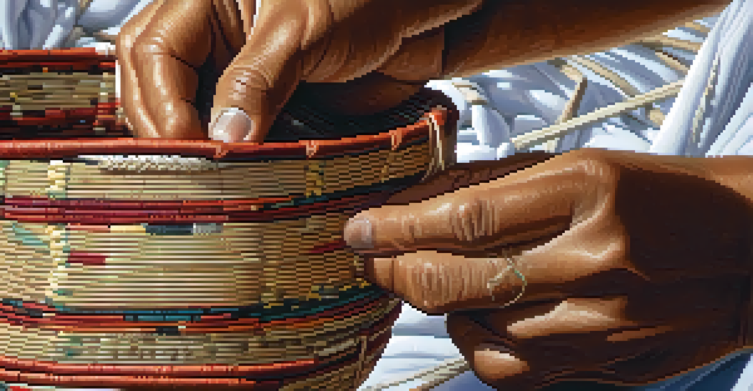 A close-up of hands weaving a traditional Native American basket with detailed patterns.