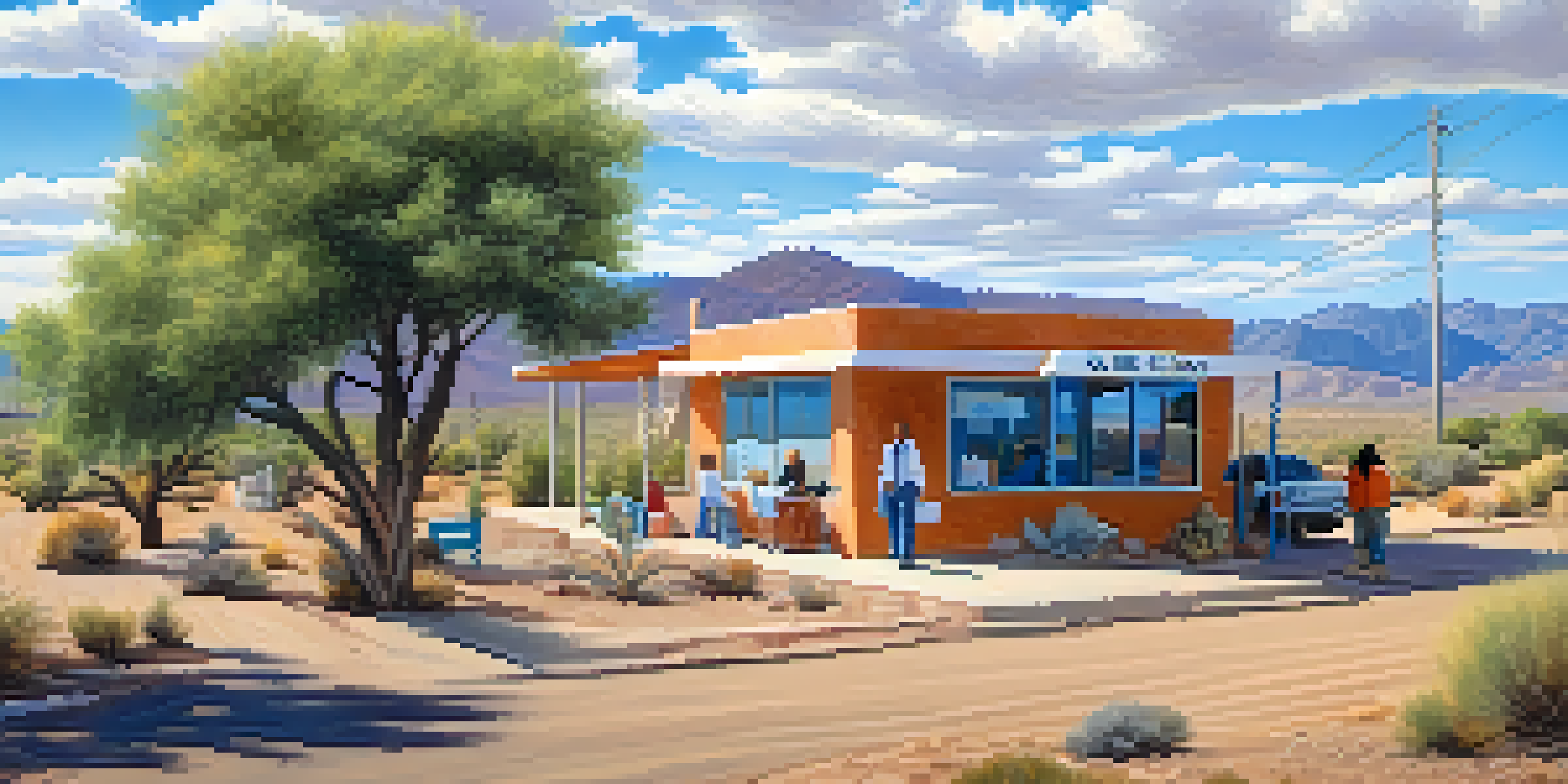 A rural Arizona landscape with a small medical clinic, mountains, and desert plants, under a bright blue sky.