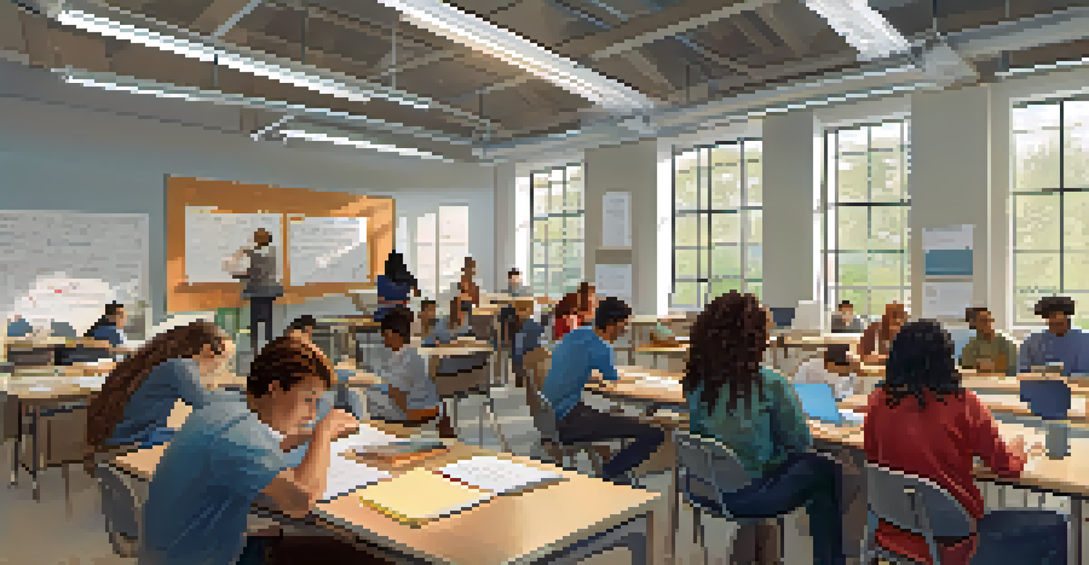 A community college classroom with students collaborating on a project, filled with natural light and educational materials.