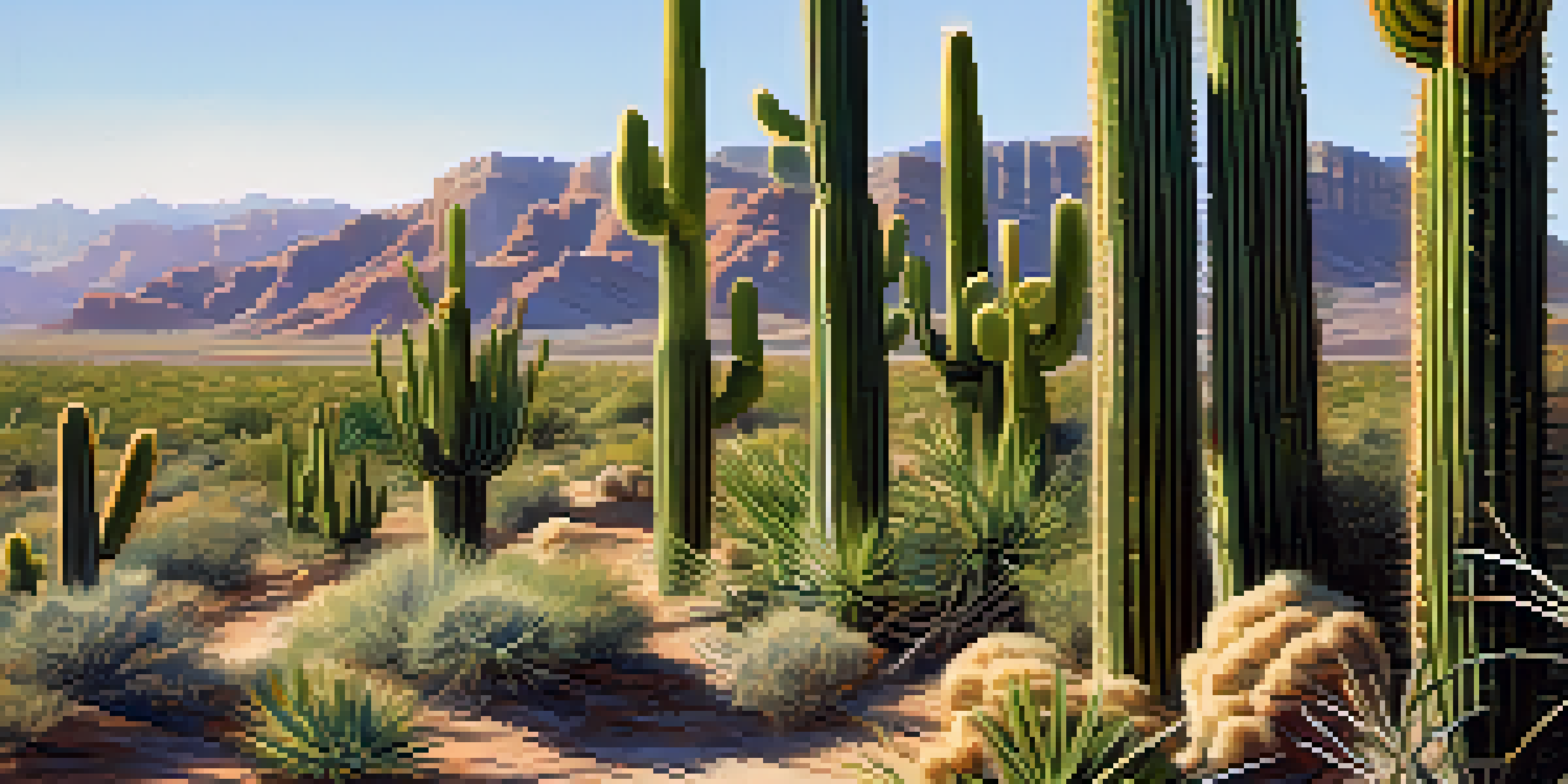 Close-up of an Organ Pipe cactus with multiple stems in a rocky desert setting, illuminated by soft sunlight.