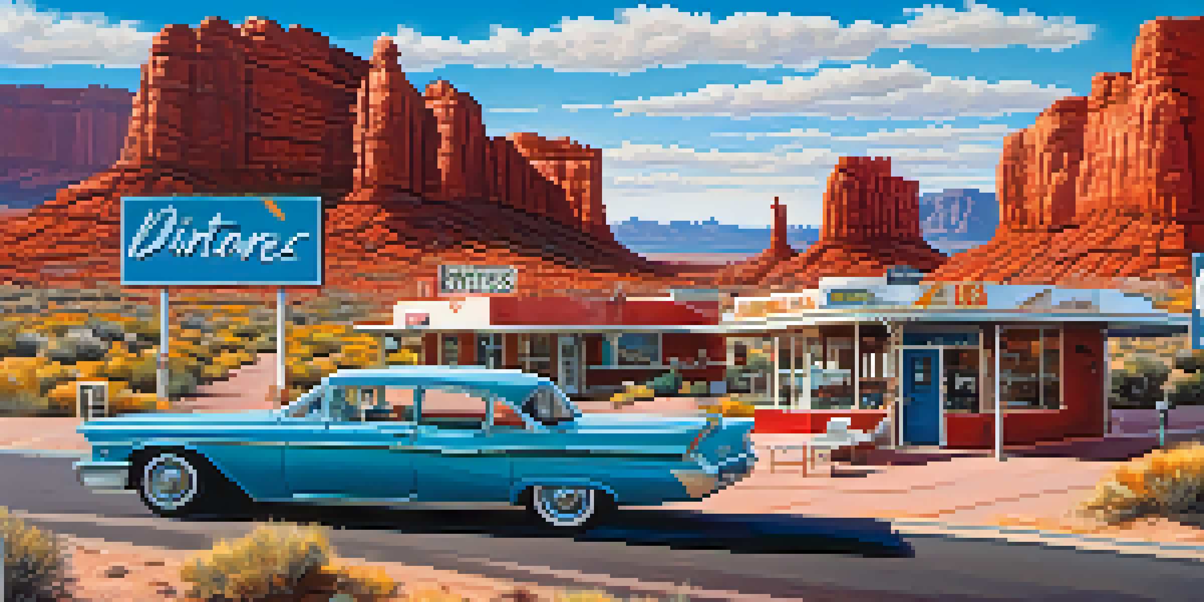 A picturesque Route 66 in Arizona showcasing vintage motels and diners with red rock formations in the background and a clear blue sky.