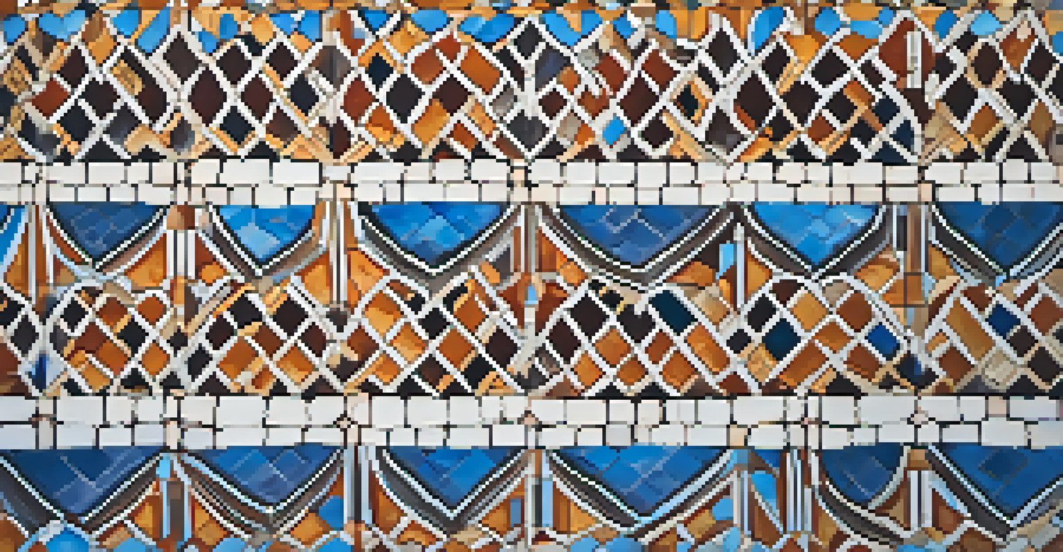 Close-up of the ornate tile roof of the bell tower at Mission San Xavier del Bac, with intricate patterns and vibrant colors.