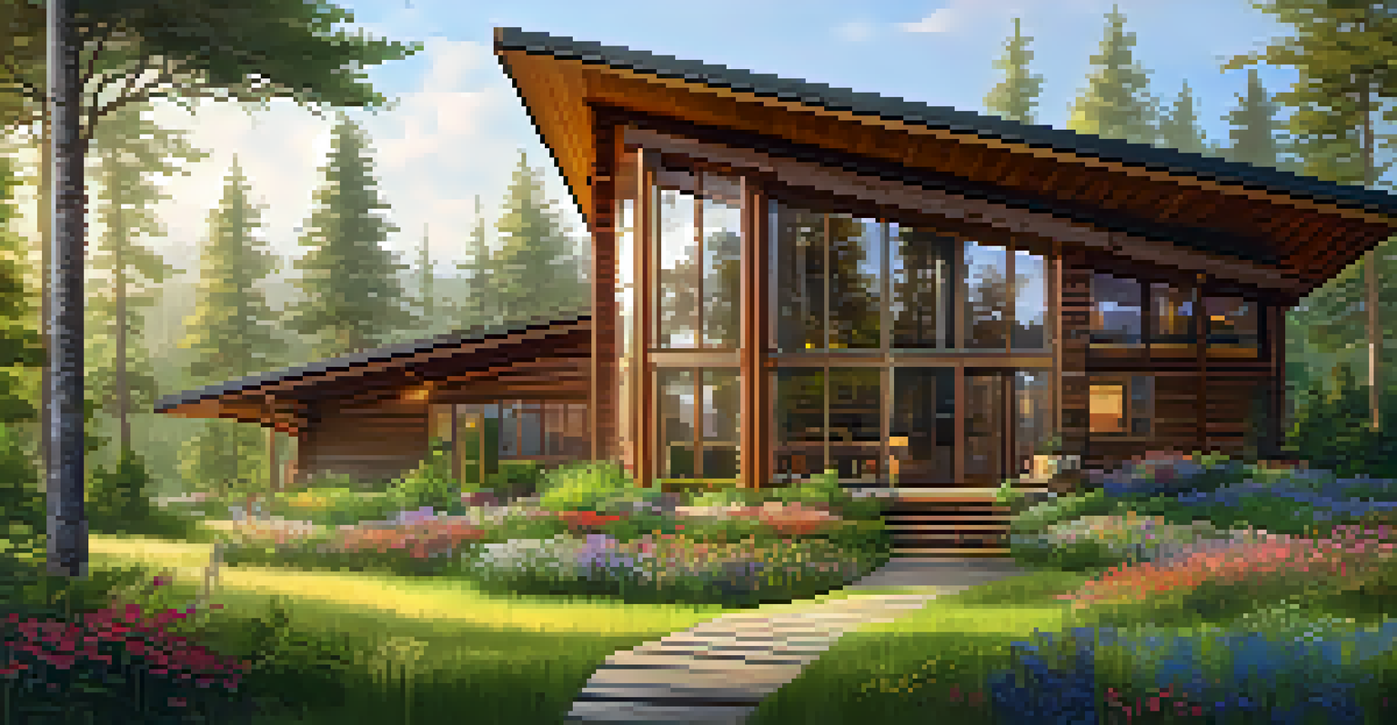A picturesque eco-lodge surrounded by greenery and flowers, designed with sustainable architecture.