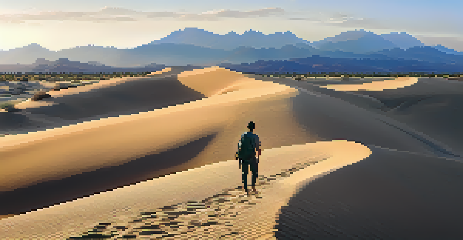 A lone traveler walking through a peaceful desert landscape with dunes and mountains in the background.