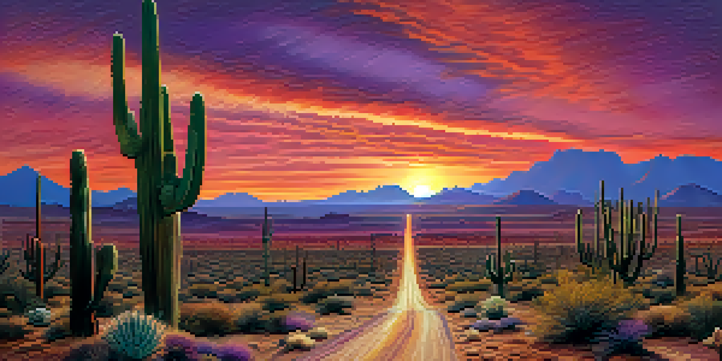 A panoramic view of the Arizona desert at sunset with silhouetted cacti and a winding dirt road.