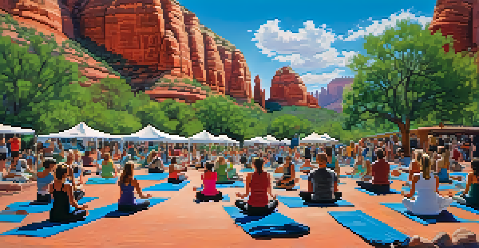 An outdoor festival in Sedona featuring yoga classes and art workshops with red rock formations in the background.