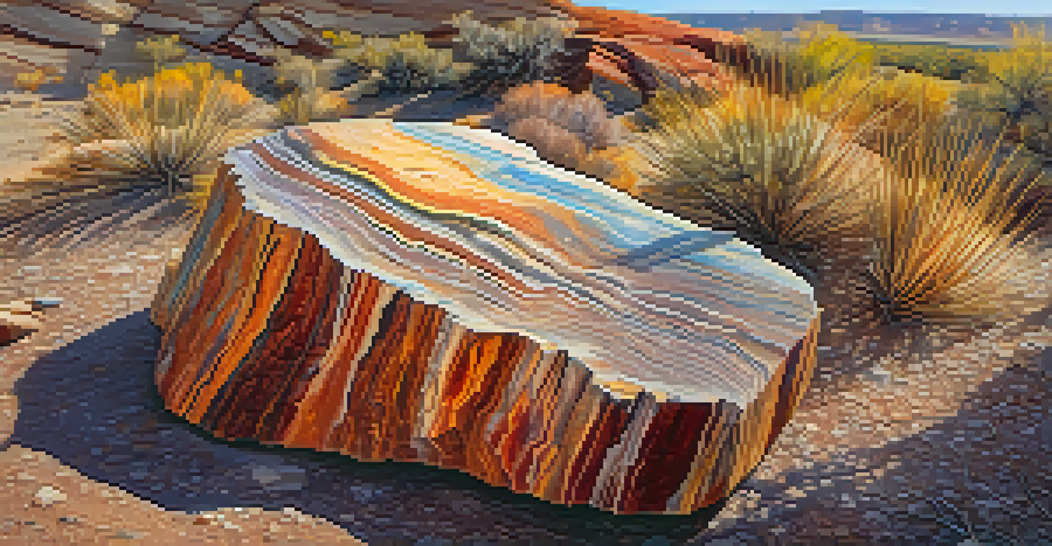 A detailed view of colorful fossilized wood in the Petrified Forest National Park, highlighting the intricate patterns and vibrant colors.