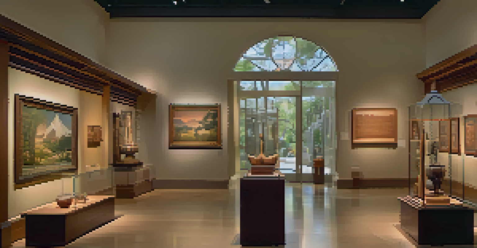 An interior view of the Heard Museum showcasing a gallery of Native American artifacts, with soft lighting highlighting the details of jewelry and pottery.