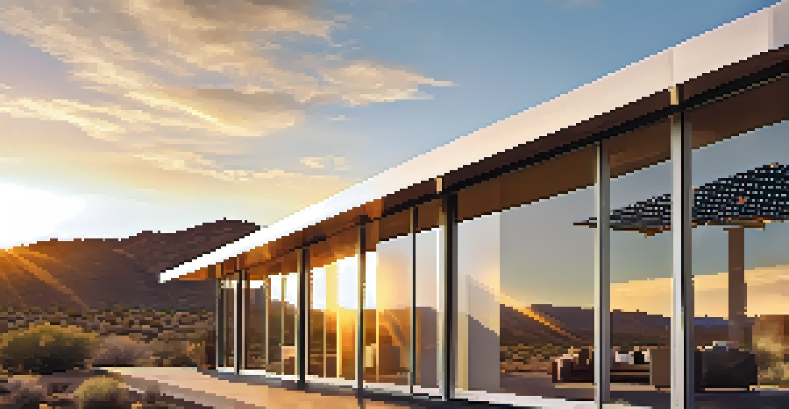 A detailed view of solar panels installed on a contemporary home in Arizona, with sunlight illuminating the panels and desert scenery in the background.