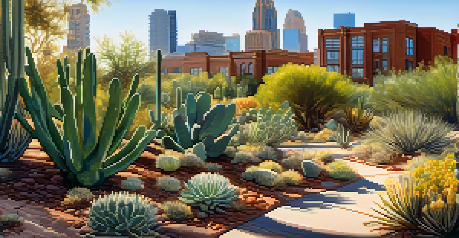 A close-up of an urban park in Arizona with native plants and city buildings in the background.