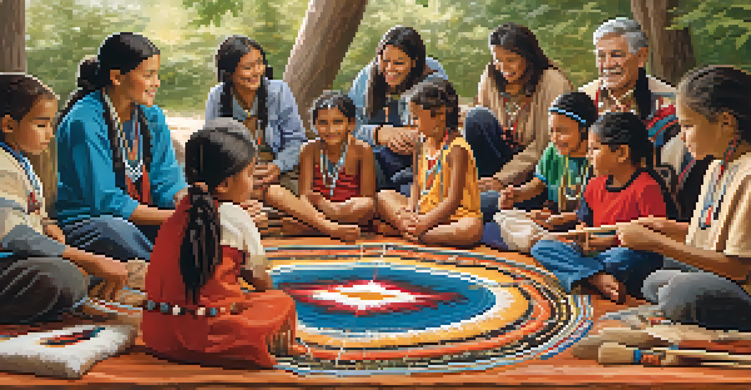 A community gathering where Native American elders teach traditional crafts to young students, showcasing colorful materials and engaged expressions.