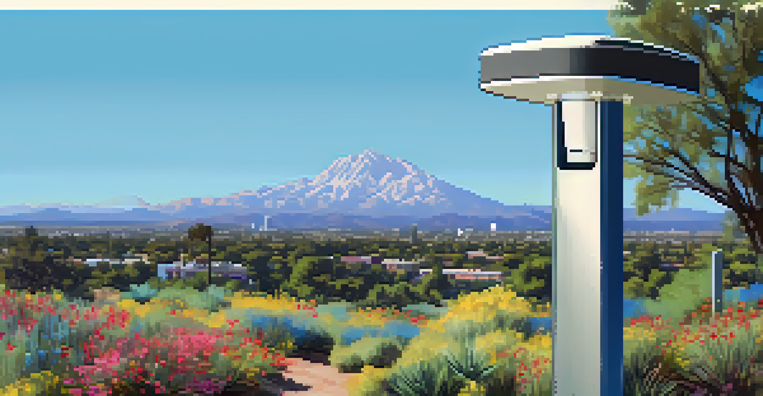 An air quality monitoring sensor in a park surrounded by blooming wildflowers and the city skyline in the background.