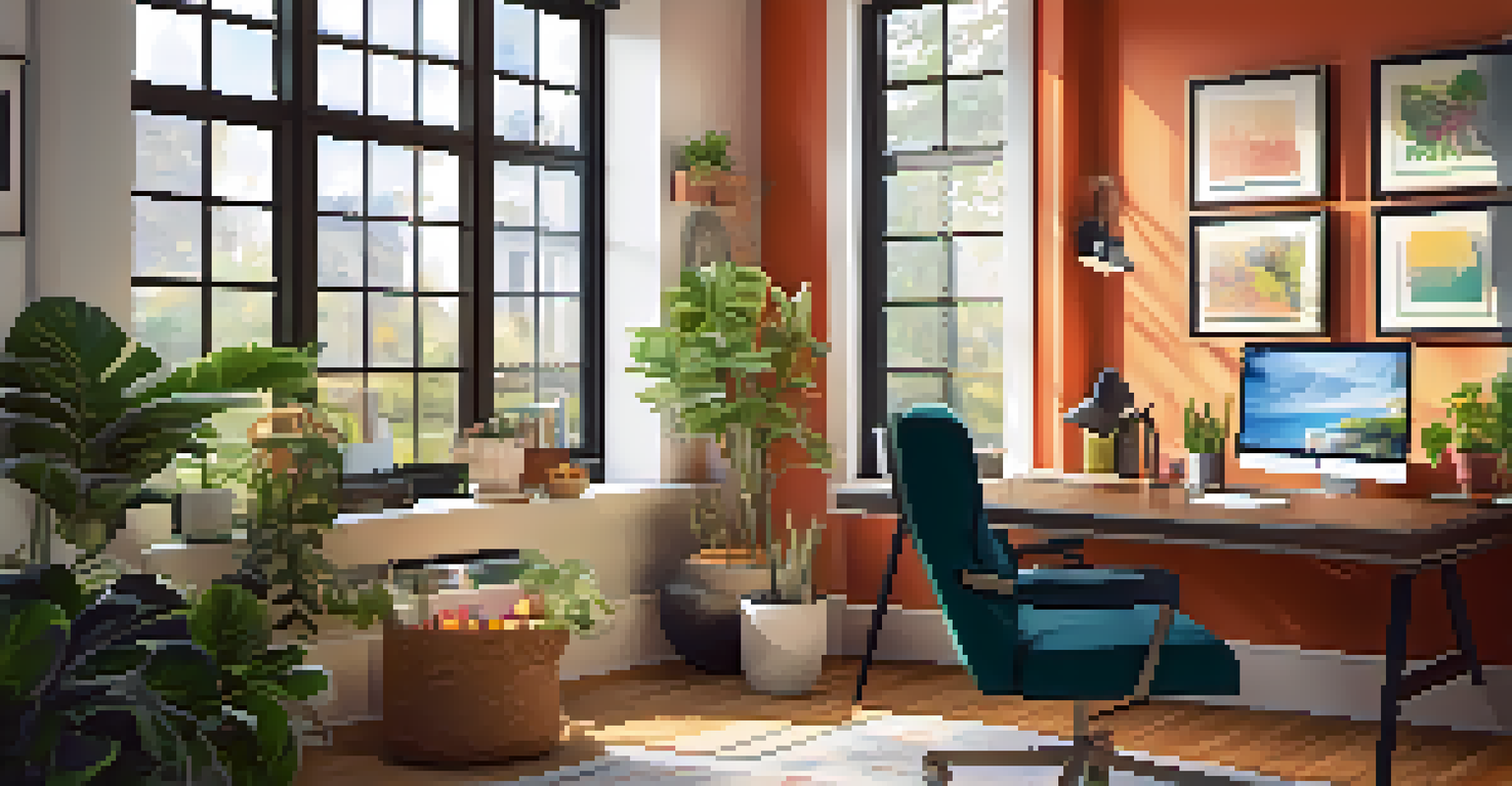 A cozy home office with a large desk, laptop, houseplants, and sunlight streaming in through the window, creating a vibrant workspace.
