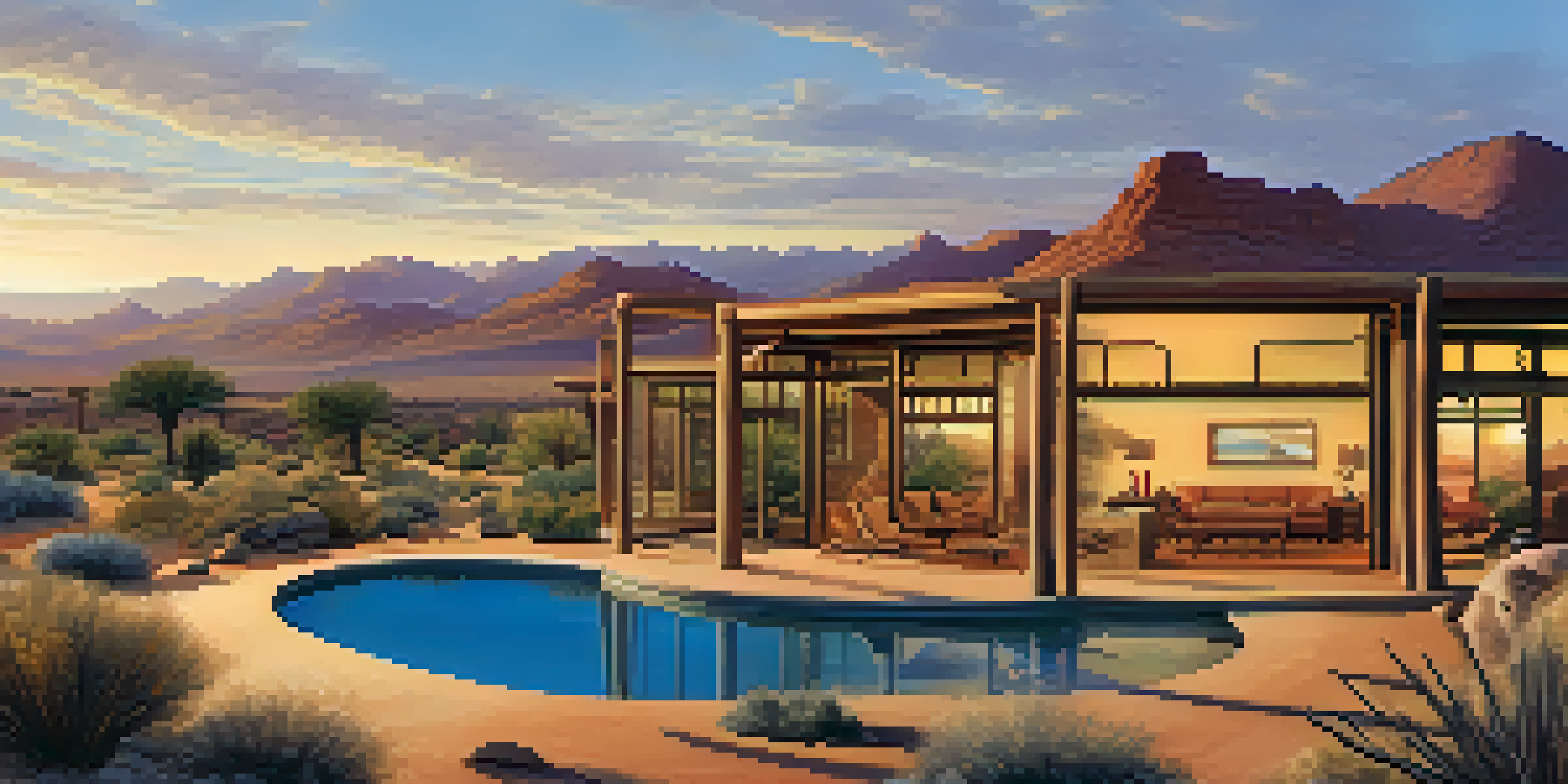 A panoramic view of a sustainable desert resort with adobe-style architecture surrounded by native plants, under a sunset sky.