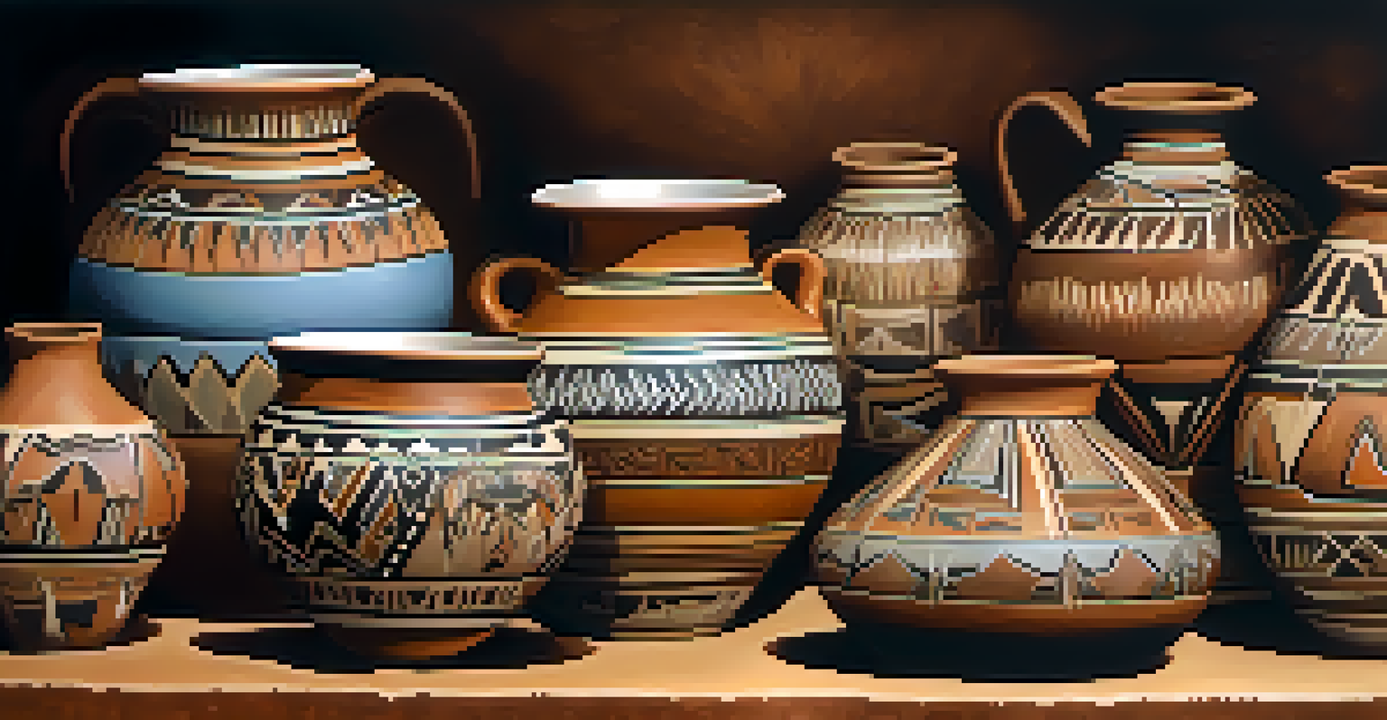 Close-up view of Native American pottery with ranching motifs, showcasing its intricate designs and earthy tones.
