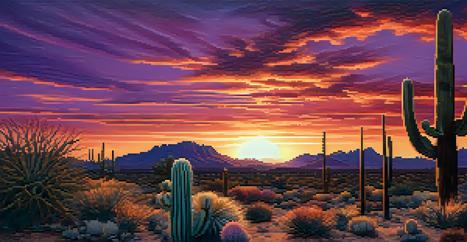 A sunset over the Arizona landscape with cacti silhouetted against a colorful sky.