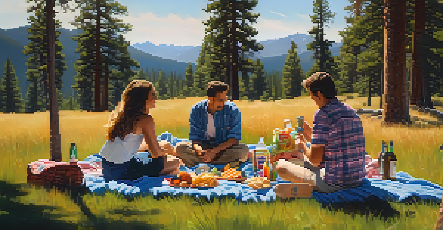 A small gathering of friends at Flagstaff Pride, enjoying a picnic in a forest setting with smiles and laughter.