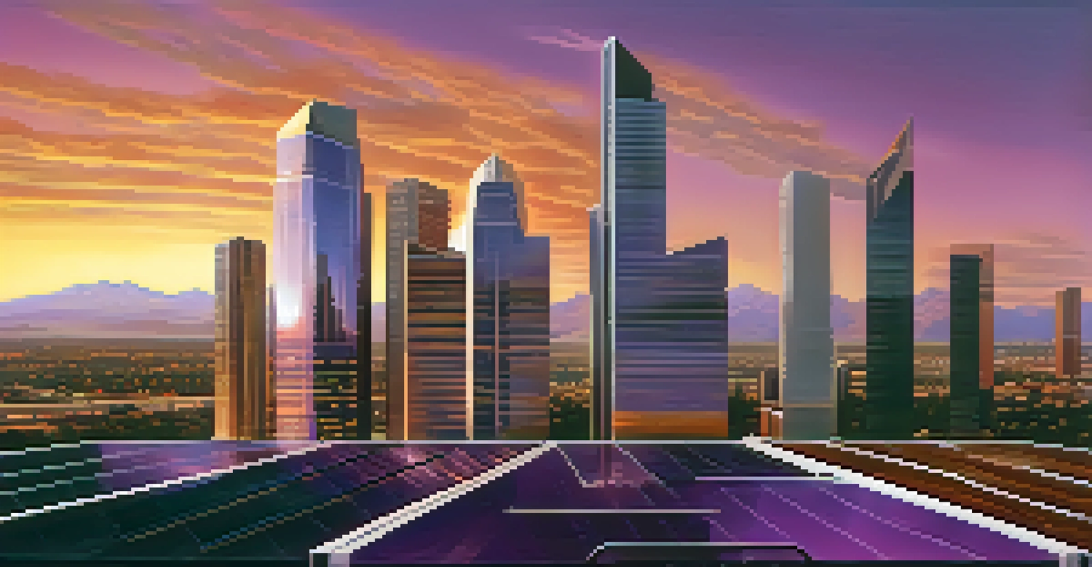 Futuristic urban skyline in Arizona with skyscrapers featuring solar panels during sunset.