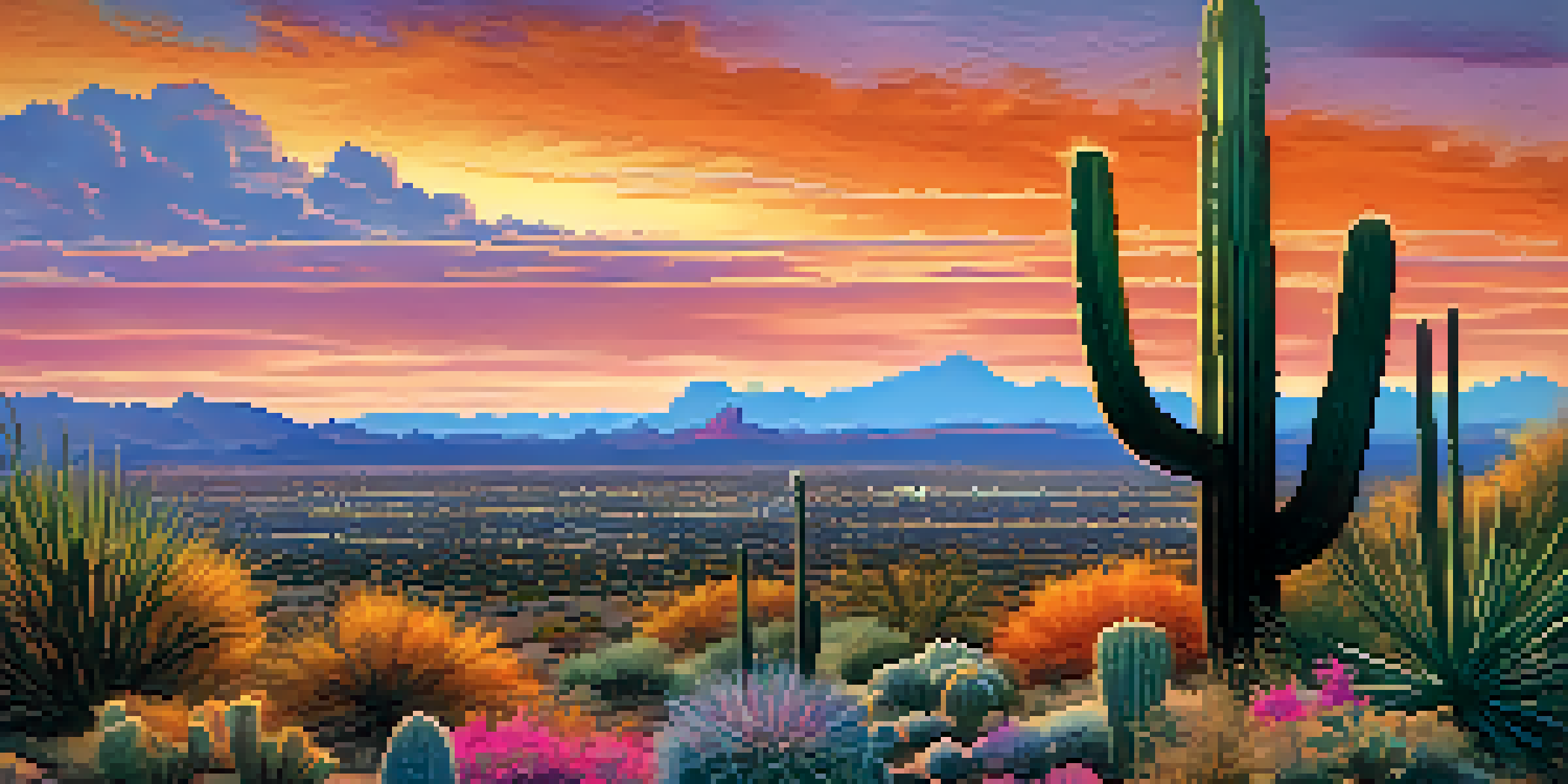 A panoramic view of Arizona's landscape at sunset, displaying a mix of urban and rural elements with cacti and Phoenix's skyline.