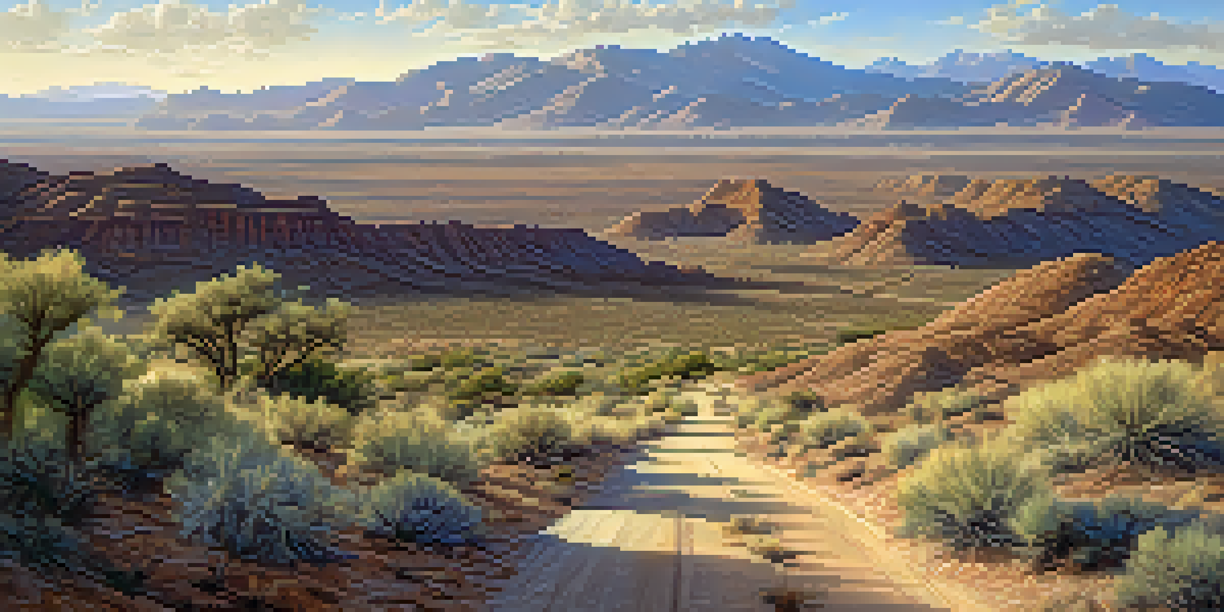 Aerial view of the Arizona desert with mountains and a dirt road under a blue sky.