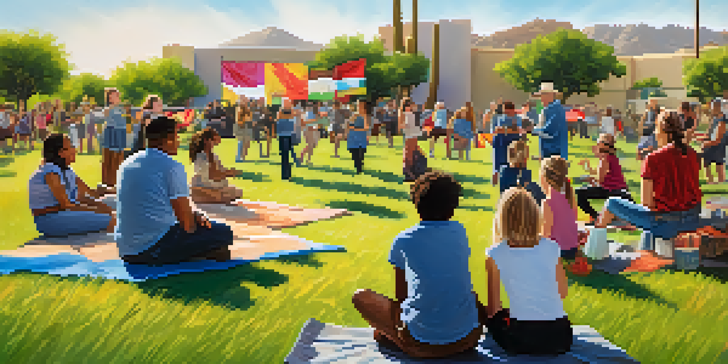 A diverse group of people participating in a theater workshop outdoors, with colorful banners around them.