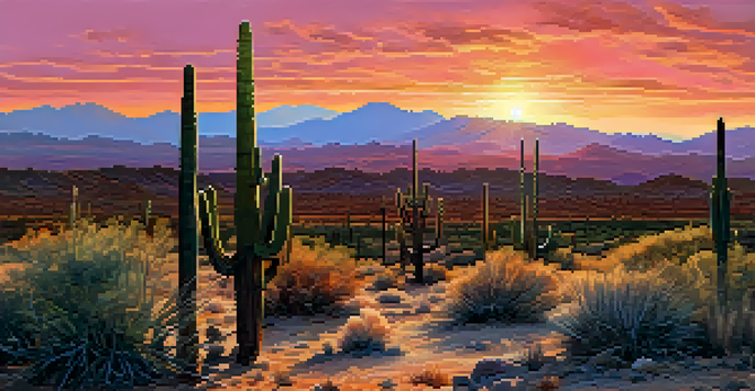 A stunning sunset over the Arizona desert featuring silhouetted cacti and distant mountains.