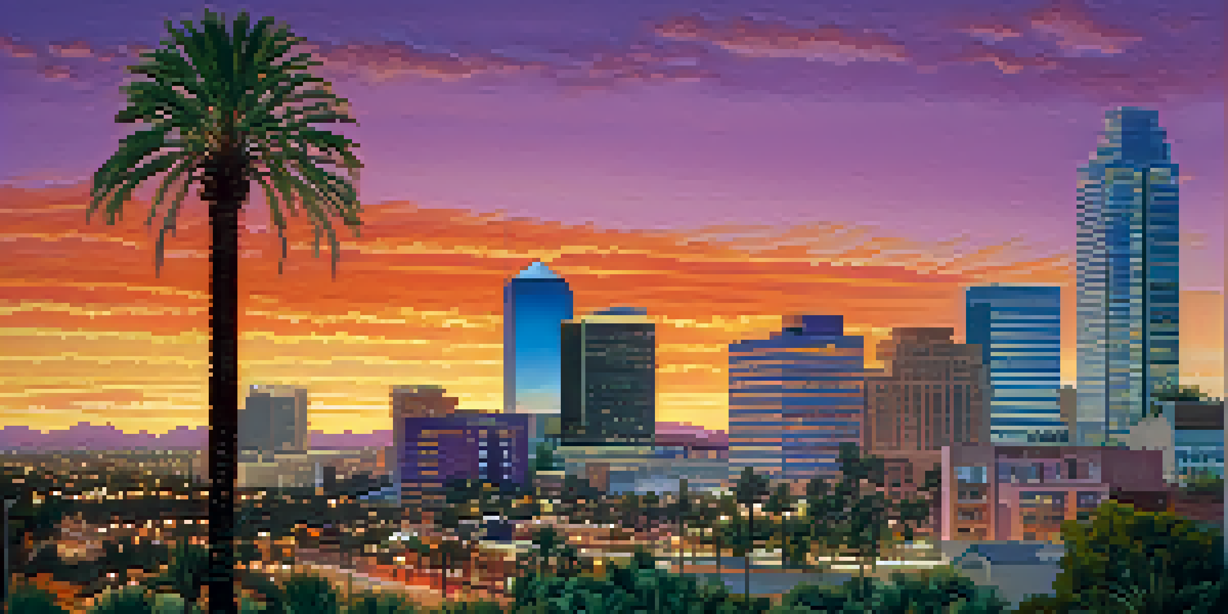 A sunset view of Phoenix city with modern glass buildings and traditional adobe structures, surrounded by greenery.