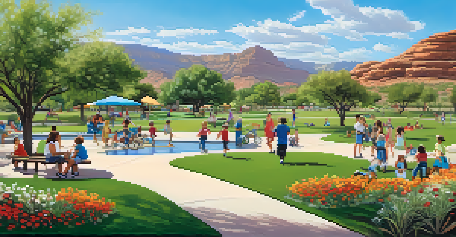 A lively community park in Arizona with families, children playing, and a backdrop of desert trails and blue sky.