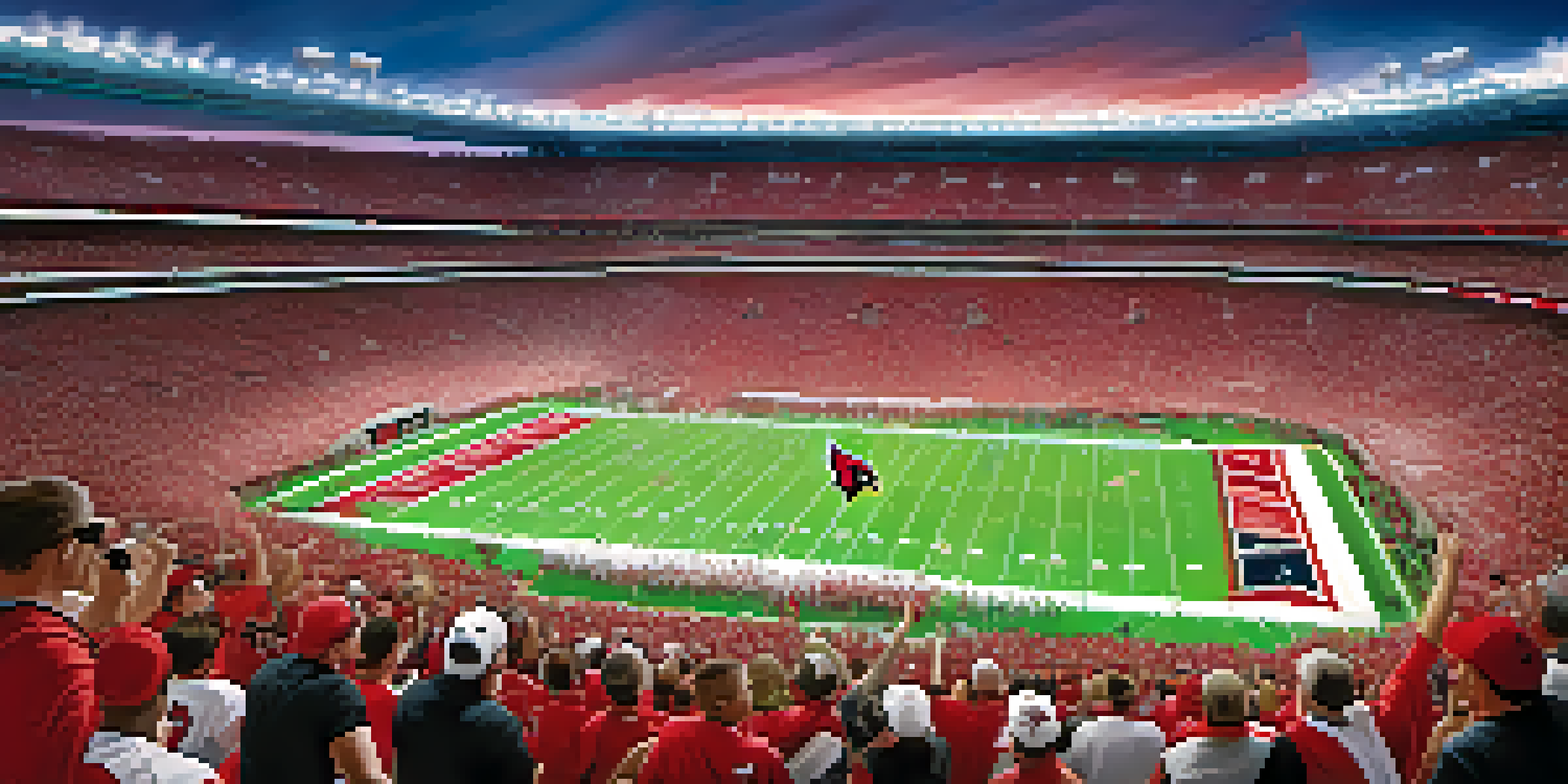 A vibrant scene at State Farm Stadium with enthusiastic fans in red and white cheering for the Arizona Cardinals, players on the field under bright stadium lights.
