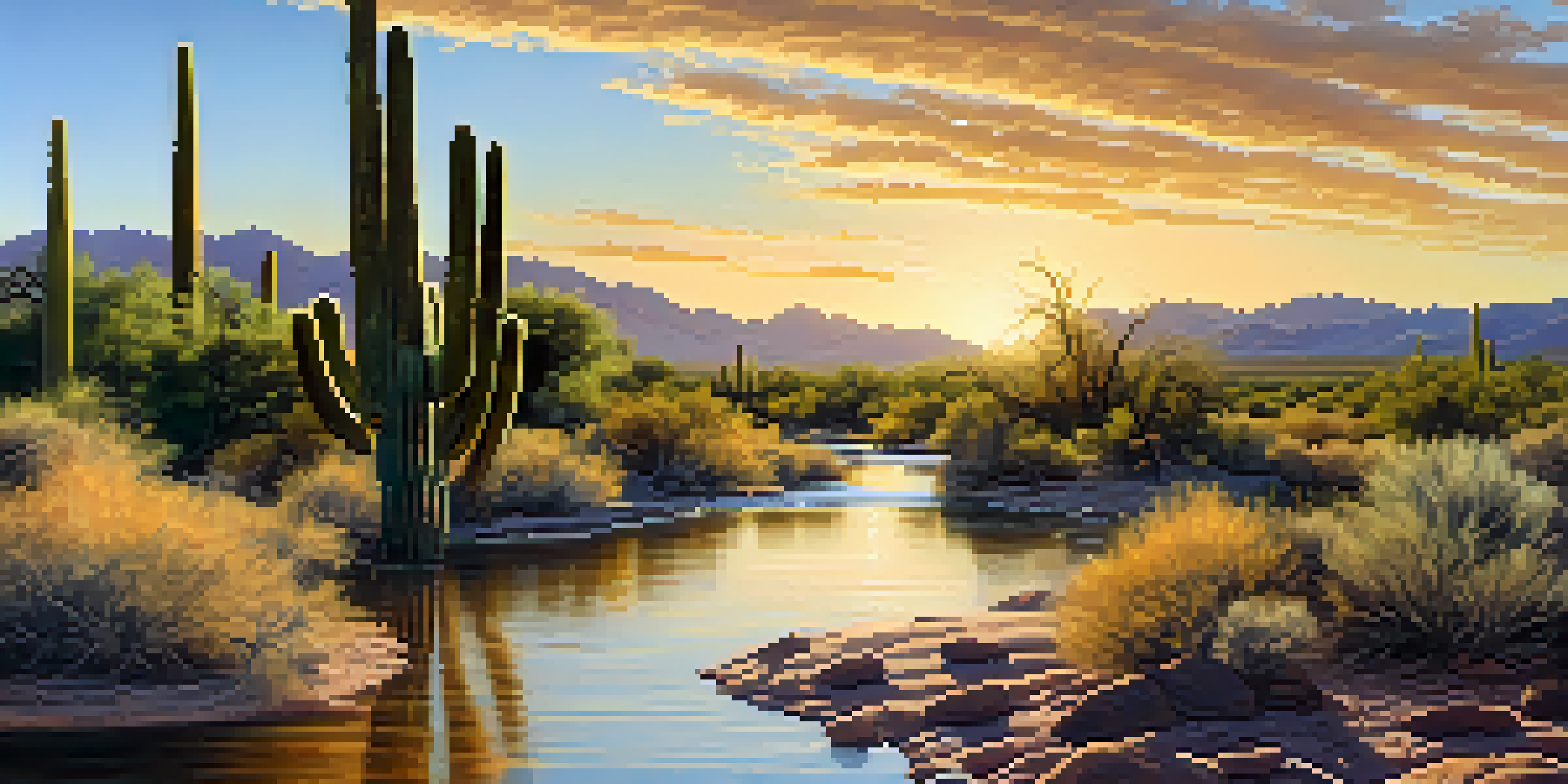 A panoramic view of Arizona's ecosystems featuring desert cacti and a lush riverbank under bright sunlight.