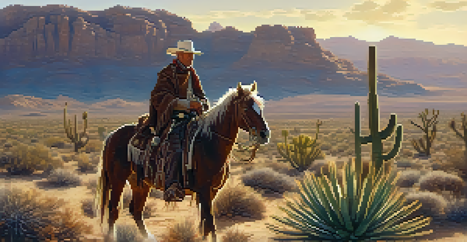 A cowboy on horseback in a desert setting, surrounded by cacti, with sunlight illuminating the scene.