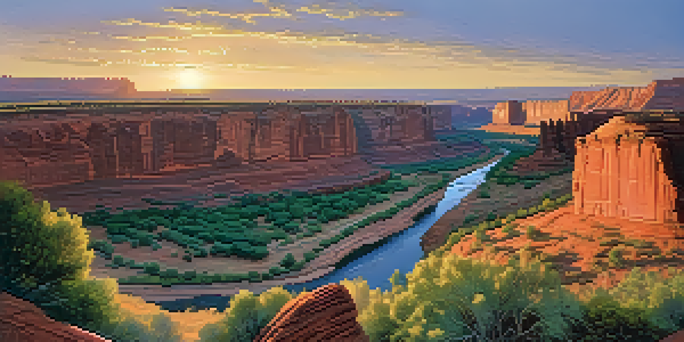 A panoramic view of Canyon de Chelly at sunrise with red rock cliffs and a winding river reflecting the sky.