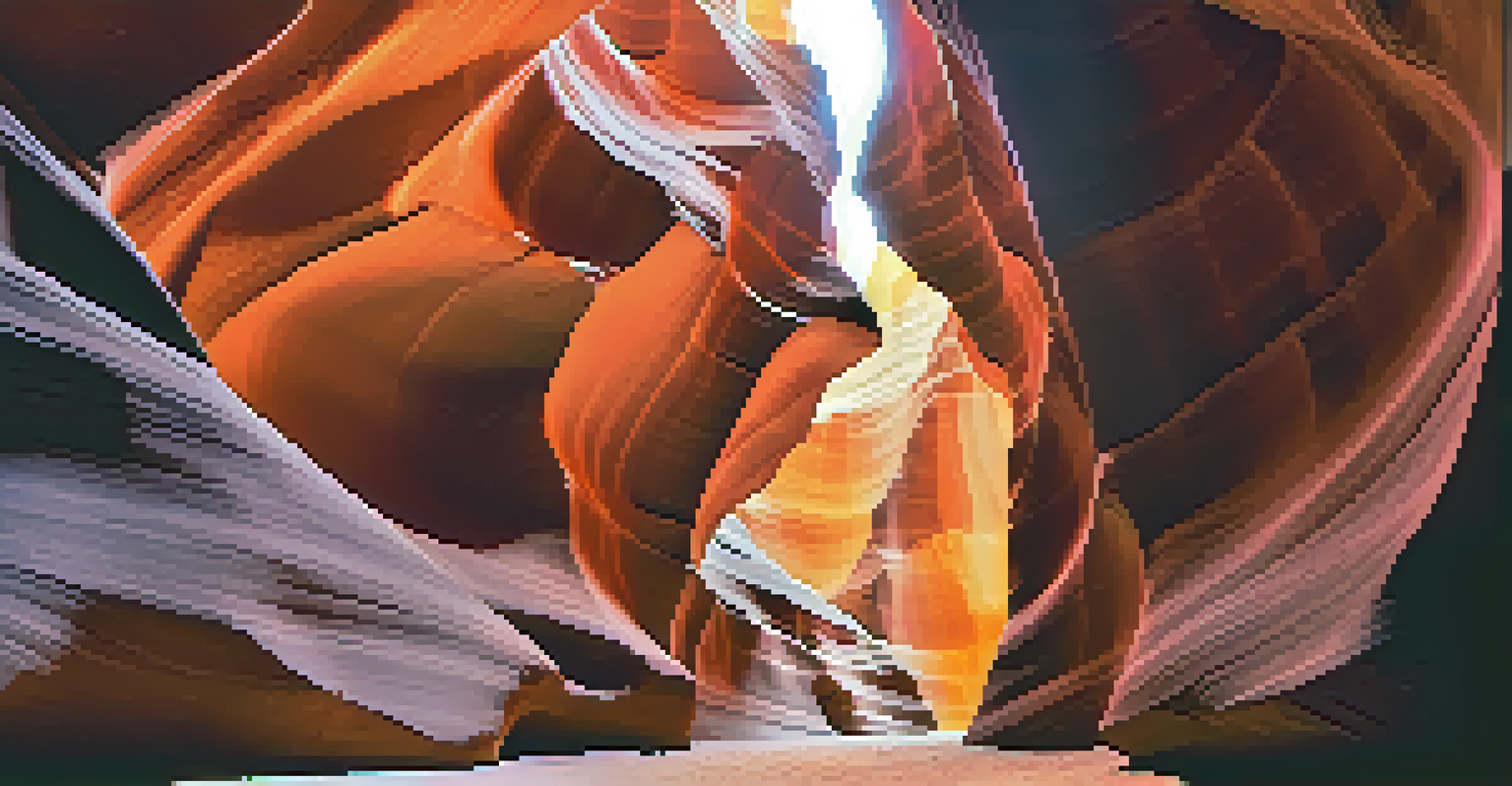 The stunning interior of Antelope Canyon with illuminated walls and sunlight streaming through openings.