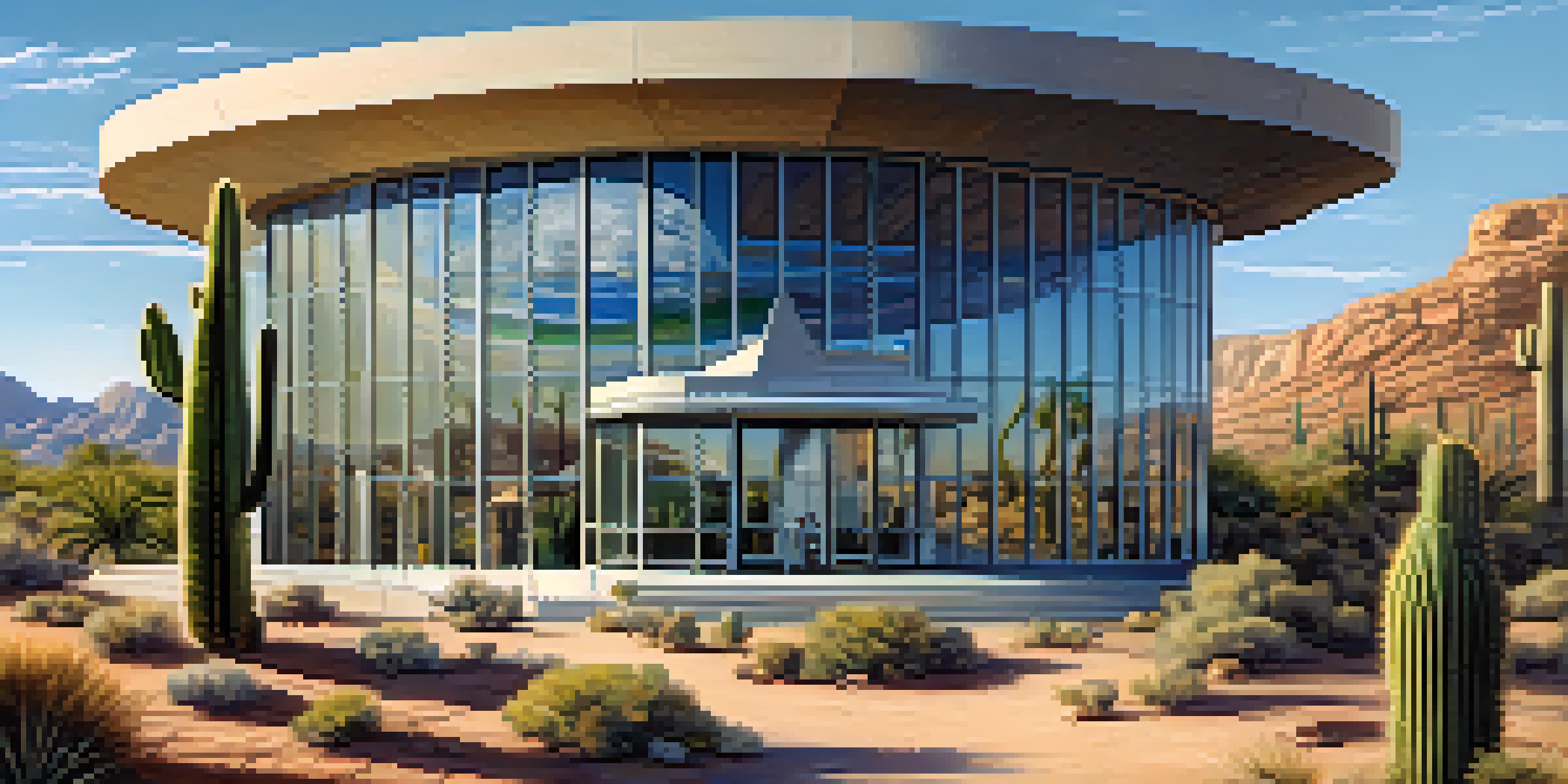 A photo of the Lunar and Planetary Laboratory building in Arizona, surrounded by desert landscape and cacti under a clear blue sky.
