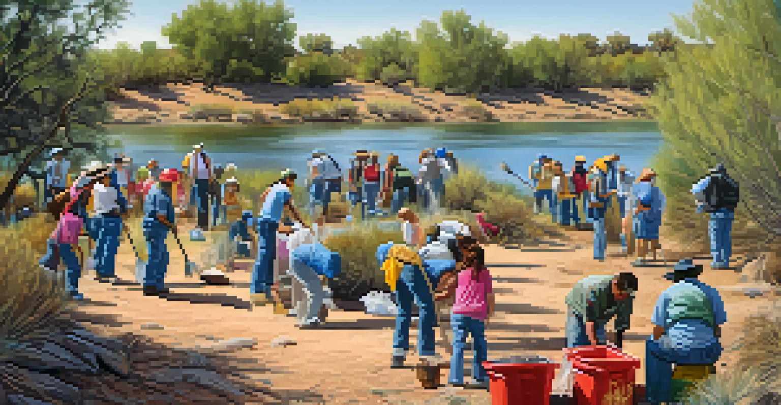 A community participating in a clean-up event by a river in Arizona, surrounded by native vegetation and wildlife.