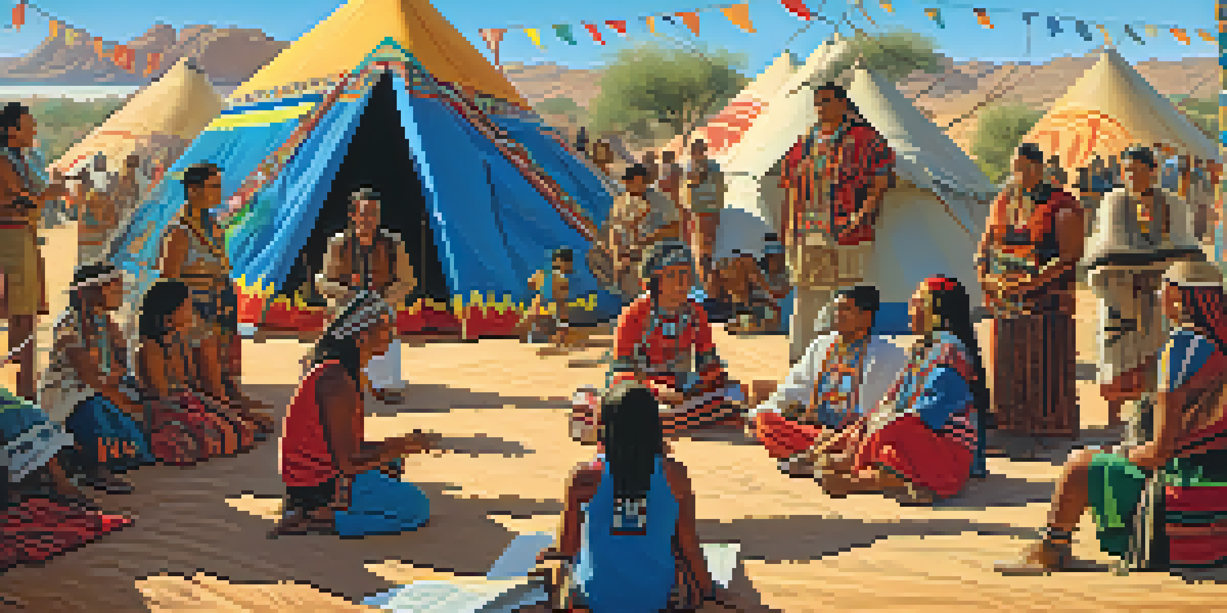 A community gathering showcasing Indigenous storytelling with colorful tents and desert plants under a clear sky.