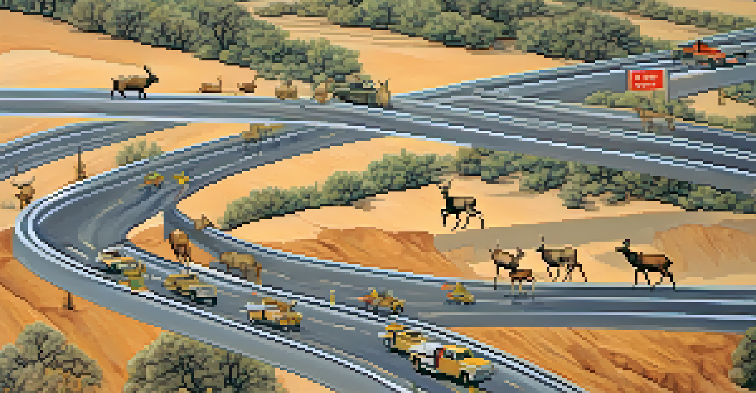 A visual collage showing elk and mule deer migration patterns disrupted by a busy highway, highlighting urban barriers.