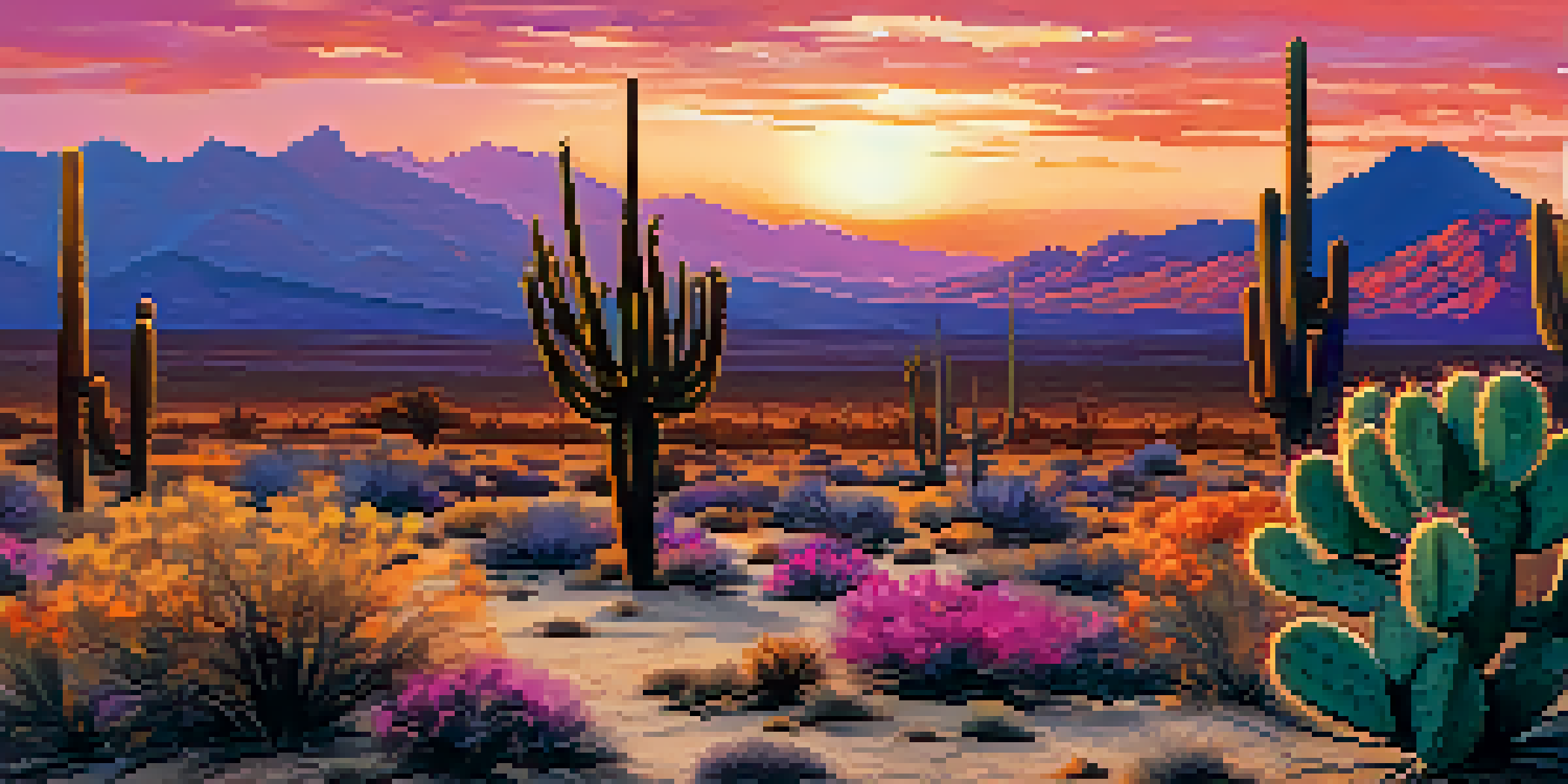 A sunset over an Arizona desert landscape with silhouetted cacti and colorful sky.