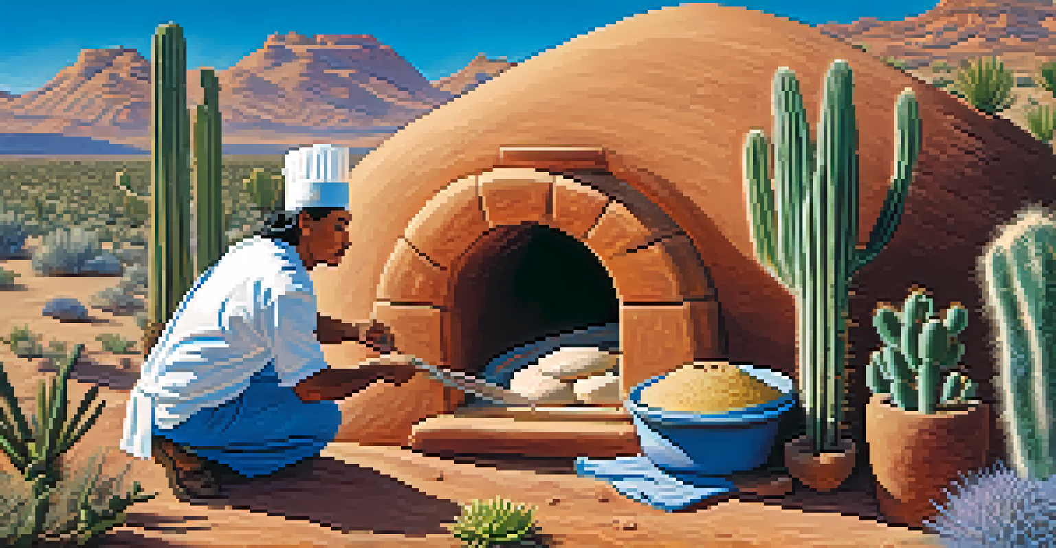 A Hopi earthen oven with a chef making piki bread using blue cornmeal, surrounded by desert plants and a clear sky.