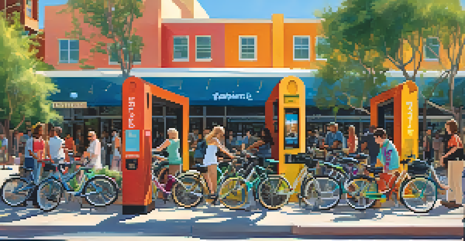 A bike-sharing station in downtown Arizona with people choosing bikes, surrounded by greenery on a sunny day.