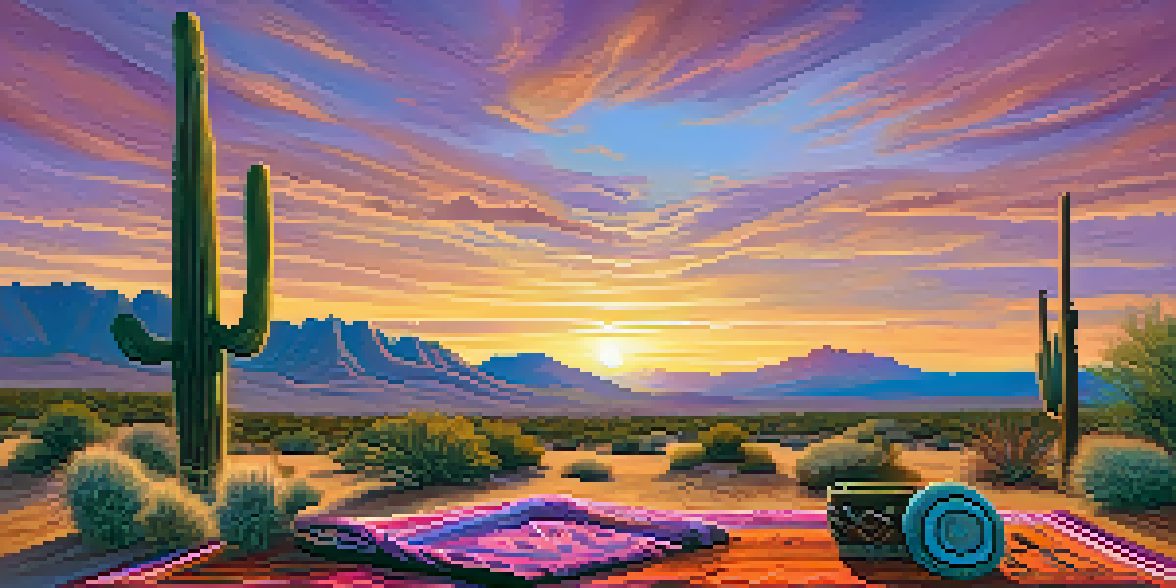 A tranquil Arizona desert scene at sunset with traditional Native American instruments on a blanket, surrounded by cacti and mountains.